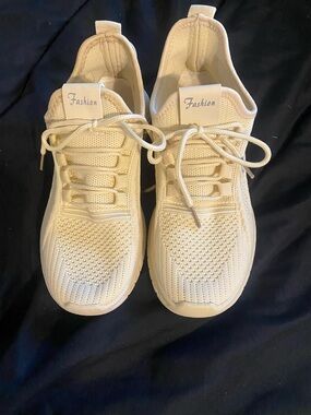 Cream Knit Lace-Up Athletic Sneakers